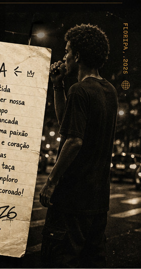 Artista em cena urbana segurando microfone.